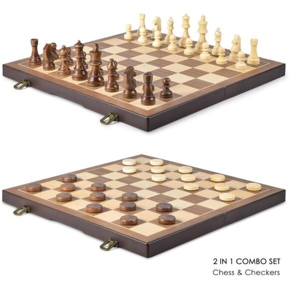 Magnetic Wooden Chess and Checkers Game Set, 15 Inches Chess Board Games - Picture 2 of 7